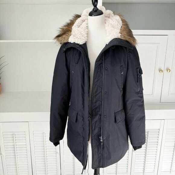 S13/NYC Black Faux Fur Trim Sherpa Hooded Anorak Jacket Size XL - Picture 2 of 9